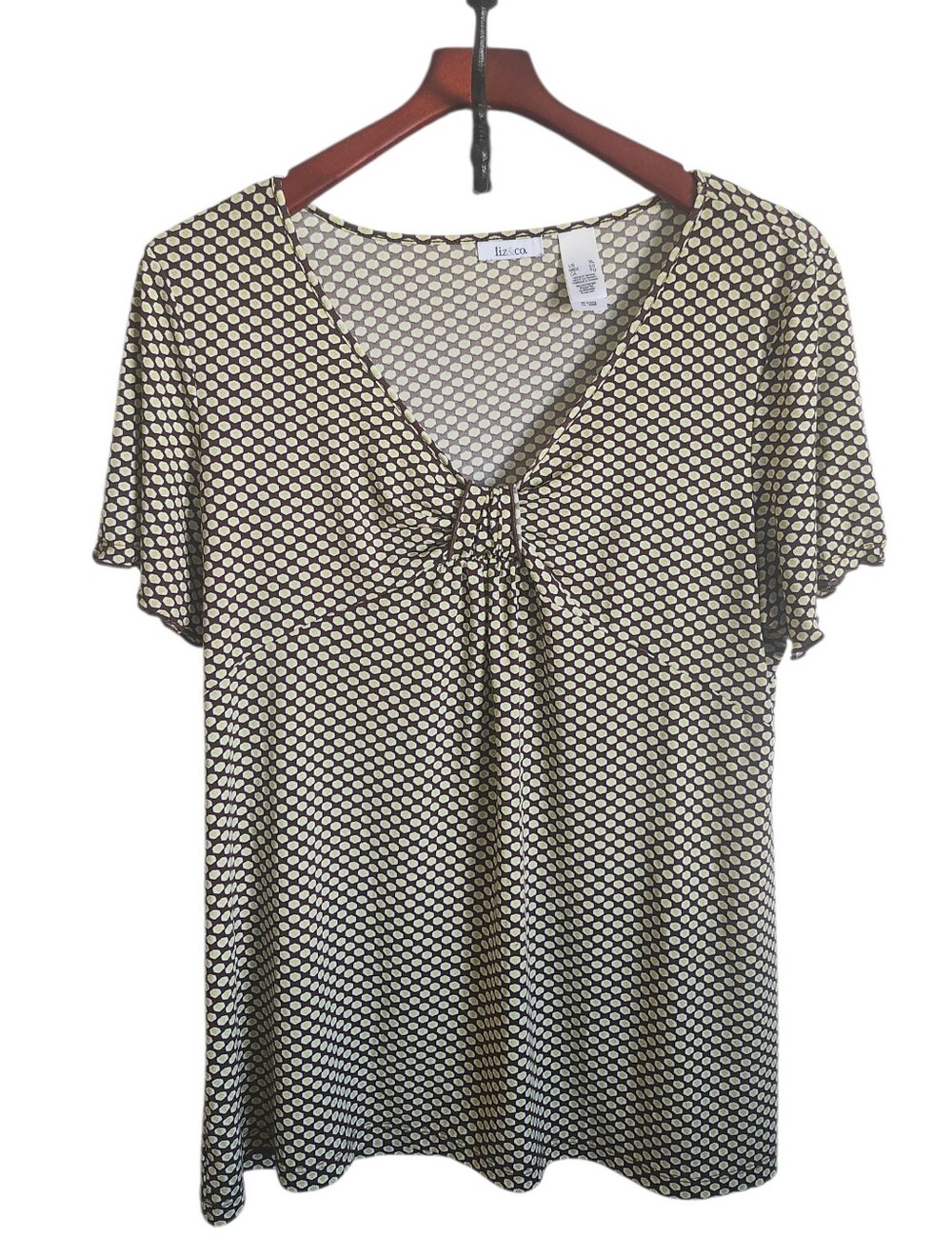Liz & Co Mesh Knit Blouse with Cap Sleeves Geometric Design Black Green Size XL